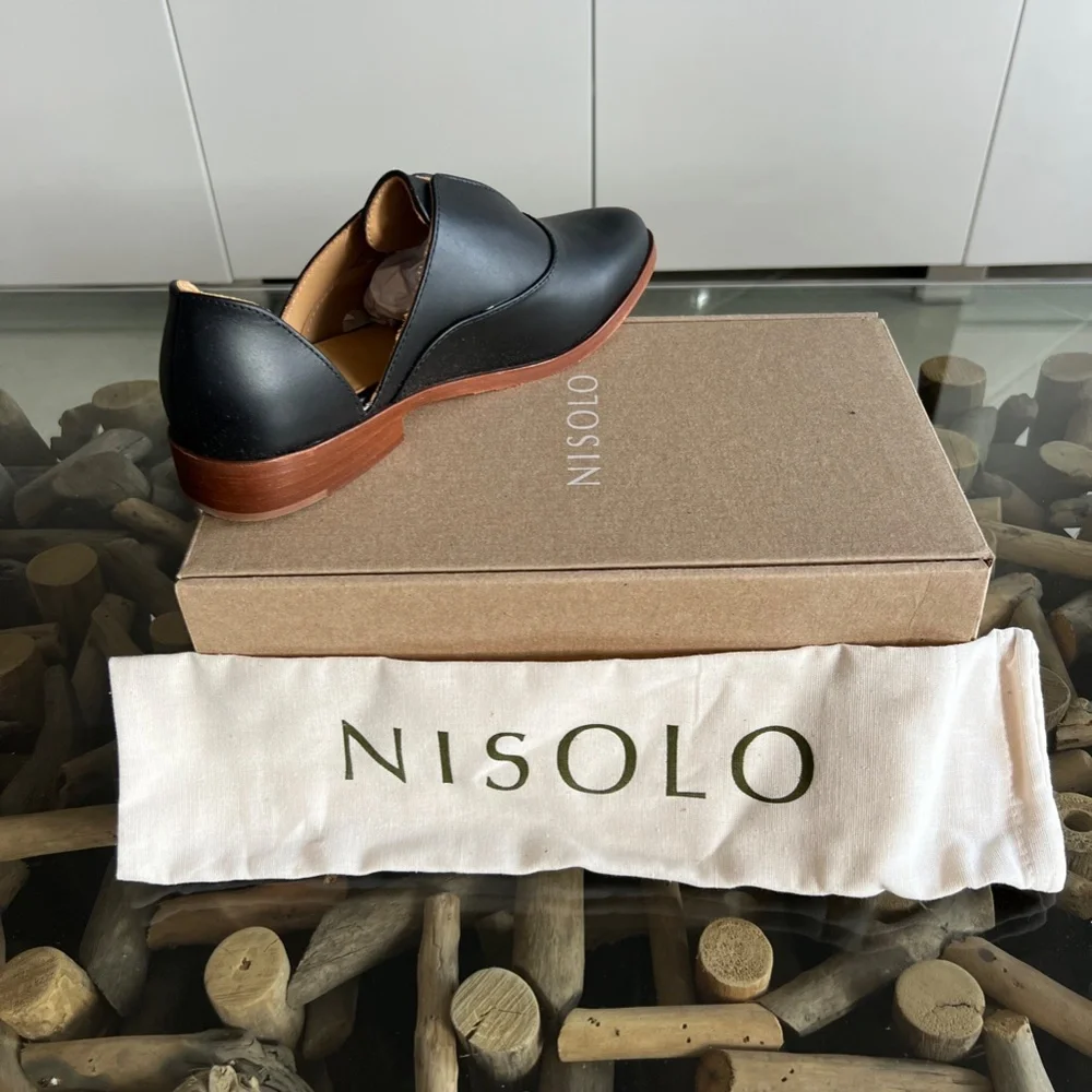 NISOLO Black Leather Emma D'Orsay Oxford Classic Flat Shoes - Picture 14 of 16